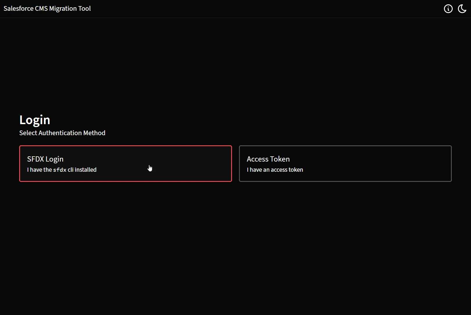 Salesforce Trekken: Select Authentication Method Screenshot